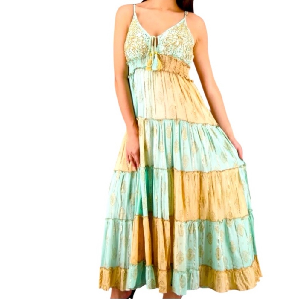 Bohemian Maxi Dress in Green and Tan